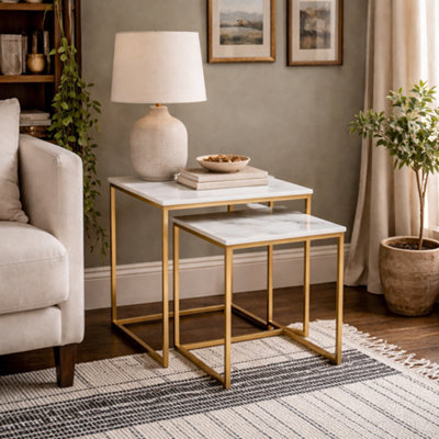 Wyld Haus Vodskov White Marble Effect Nesting Side Tables Set Of 2 Gold Legs from B&Q