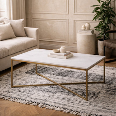 Wyld Haus Vodskov 120Cm Coffee Table With White Marble Top And Brass Crossed Base