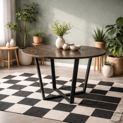 Wyld Haus Stovring Round Dining TableBrown Marble-Effect Resin TopBlack Hairpin Legs1100mm from B&Q