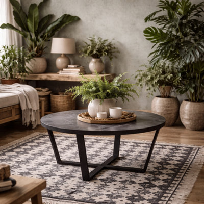 Wyld Haus Stovring Black Marble-Effect Round Coffee Table With Black Hairpin Legs 770mm from B&Q
