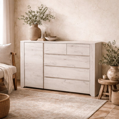 Wyld Haus Norwich Aged Effect Soft Grey Wood Veneer 1 Door 2+3 Drawer Chest Of Drawers 1187X400X765mm