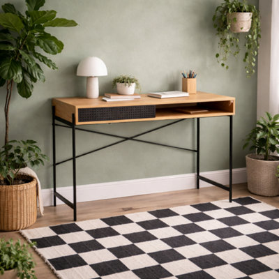 Wyld Haus Cambridge Oak-Effect Office Desk With Sliding Metal DoorBlack Frame from B&Q