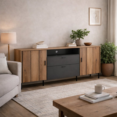 Wyld Haus Nightbloom 158Cm Panelled Tv Cabinet In Grey And Oak Effect 2 Door 2 Drawer from B&Q