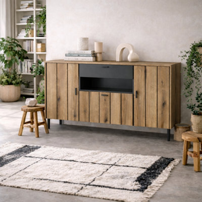 Wyld Haus Nightbloom Grey And Oak Effect Panelled Sideboard 3 Door 1 Drawer from B&Q