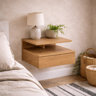 Wyld Haus Lincoln Wild Oak Effect Floating Bedside Table 1 Drawer Open Shelf from B&Q