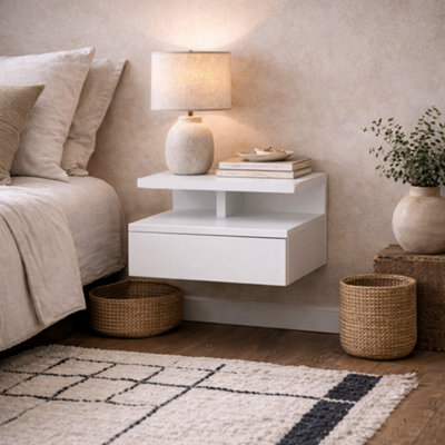Wyld Haus Lincoln Floating Bedside TableWall-Mounted White1 Drawer + Open Shelf from B&Q