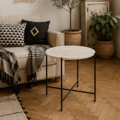 Wyld Haus Verona Round White Marble Side Table With Black Steel Base from B&Q