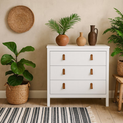 Wyld Haus Wildberry Matt White 3-Drawer Wooden Chest With Leather Handles from B&Q