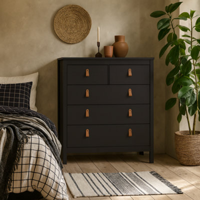 Wyld Haus Wildberry Matt Black 5-Drawer Chest With Leather Strap Handles from B&Q