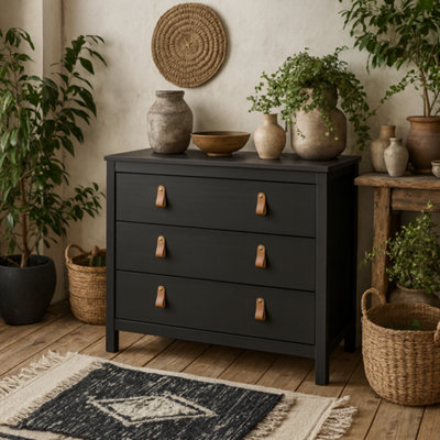 Wyld Haus Wildberry Matt Black 3-Drawer Chest With Brown Leather Strap Handles 821 X 384 X 797 mm from B&Q