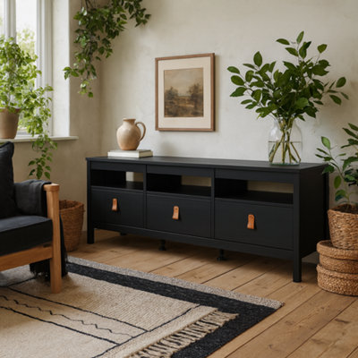 Wyld Haus Wildberry Matt Black Wooden Tv Unit With 3 Drawers And Leather Handles from B&Q