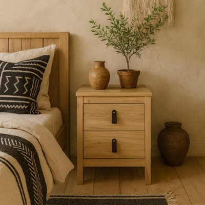 Wyld Haus Wildberry Natural Oak Bedside Table With 2 Drawers And Leather Handles from B&Q