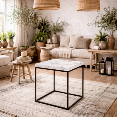 Wyld Haus Hazelmere Square Coffee Table   White Marble-Effect TopMatte Black Metal Legs from B&Q