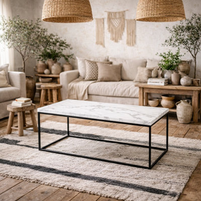 Wyld Haus Hazelmere Rectangular Coffee Table White Marble-Look Top With Black Metal Legs from B&Q