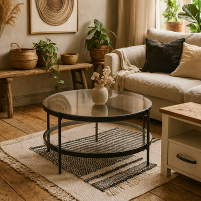 Wyld Haus Featheroak Grey Smoked Glass Round Coffee Table With Black Hairpin Legs from B&Q