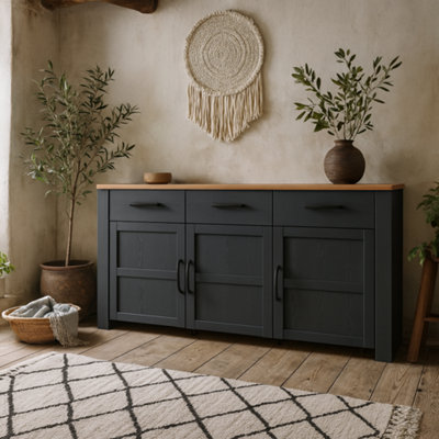 Wyld Haus Bramblecroft Wide Sideboard In Navy With Natural Oak Top 3 Door 3 Drawer from B&Q
