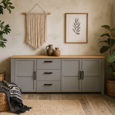 Wyld Haus Bramblecroft Large Grey And Natural Oak Sideboard 3 Door 3 Drawer from B&Q