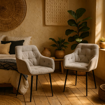 Wyld Haus Buttonfern Set Of 2 Beige Bouclé Diamond-Tufted Dining Chairs With Armrests from B&Q