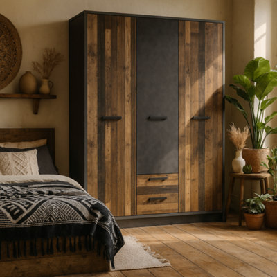 Wyld Haus Whimwick Walnut And Dark Matera Grey 3 Door Wardrobe With 2 Drawers from B&Q