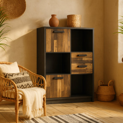 Wyld Haus Whimwick Low Walnut And Dark Matera Grey Bookcase 2 Doors 2 Drawers from B&Q