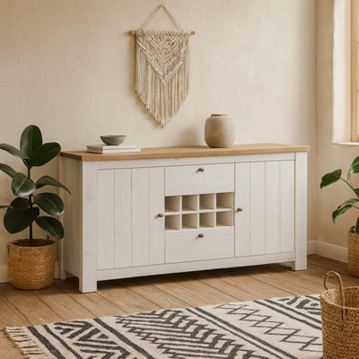 B&Q -  Tipsyfern White And Natural Oak 2-Door 2-Drawer Sideboard With Wine Rack