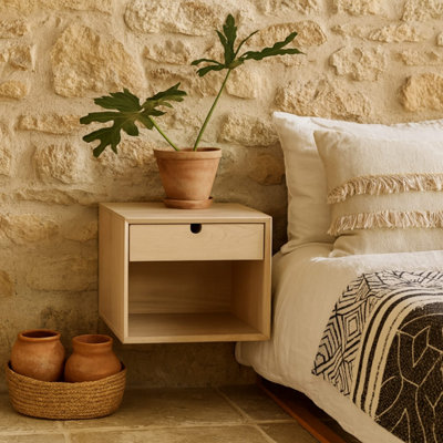 B&Q -  Italy White Oak 1-Drawer Wall-Mounted Bedside Table
