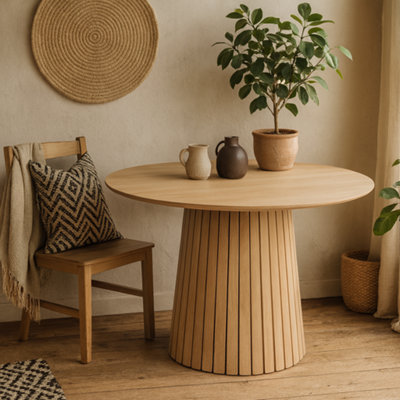 Wyld Haus Twillbury White Oak Round Dining Table 120Cm Slatted Conical Base from B&Q