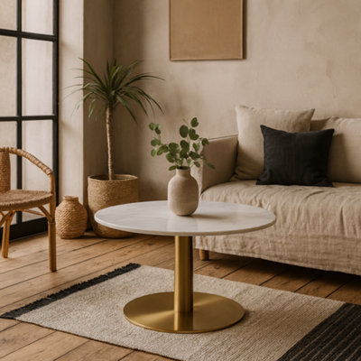 Wyld Haus Meadowbloom White Marble Round Coffee Table With Brushed Brass Base
