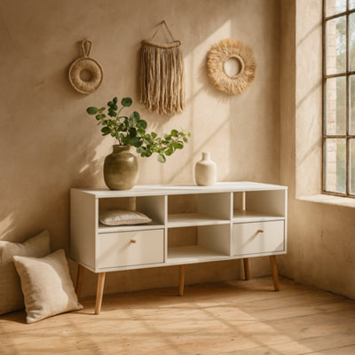 Wyld Haus Quietbloom White Wooden Tv Unit   2 Drawers And Open Shelves from B&Q