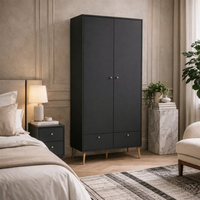 Wyld Haus Quietbloom Dark Grey Wooden Wardrobe 2 Doors 2 Drawers Oak Handles from B&Q