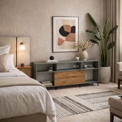B&Q -  Spentrup Tall Tv Cabinet In Olive Green With Natural Oak Sliding Door