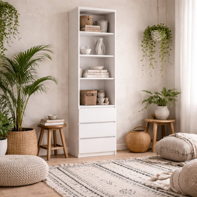 Wyld Haus Hemingway Tall Narrow White Wooden Bookcase With 3 Drawers from B&Q