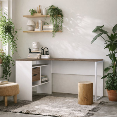Wyld Haus Billabong White And Truffle Oak Corner Office Desk 2 Drawers from B&Q