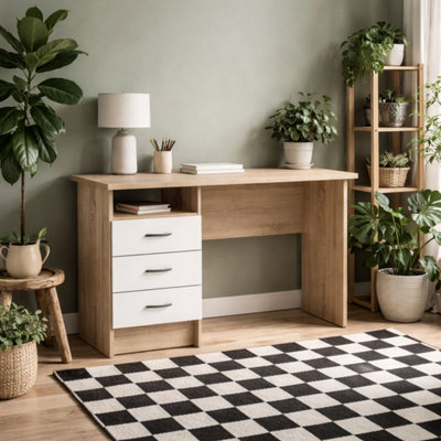 B&Q -  Billabong Office DeskNatural Oak Frame With 3 White Drawers