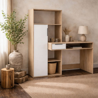 B&Q -  Billabong L-Shaped Office Desk In White And Oak With 1 Drawer And 1 Door