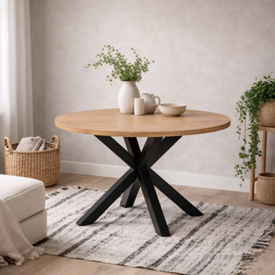 Wyld Haus Perth 120Cm Round Oak Veneer Dining Table With Matt Black Metal Legs from B&Q