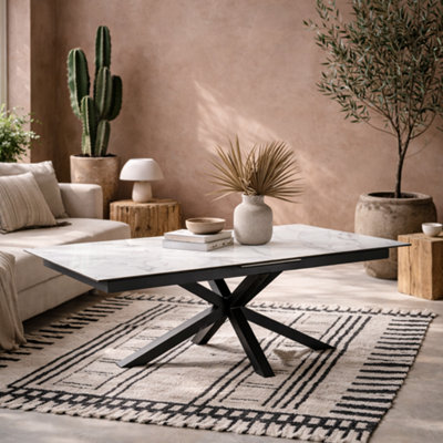 Wyld Haus Perth 168-210Cm White Marble-Effect Ceramic Extendable Dining Table With Black Metal Legs from B&Q