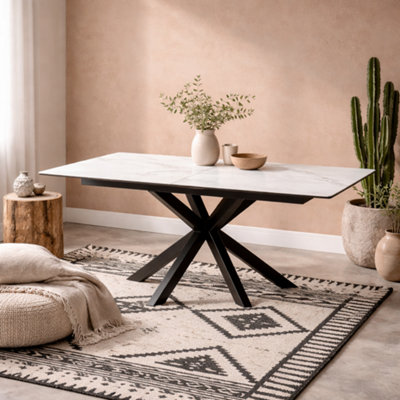 Wyld Haus Perth Extendable Dining Table 200 240Cm White Marble-Effect Ceramic Top Industrial Black Metal Legs from B&Q