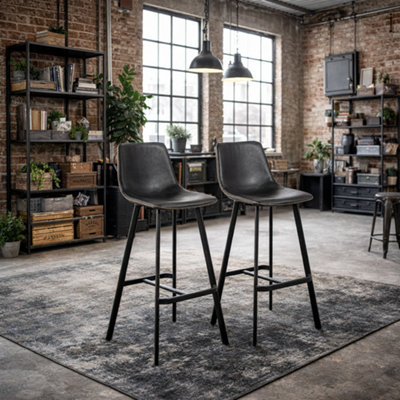 Wyld Haus Bogense Set Of 2 Black Faux Leather Bar Stools With Cream Stitching from B&Q