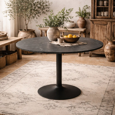 Wyld Haus Aars Round Dining Table Black Marble Effect Trumpet Base
