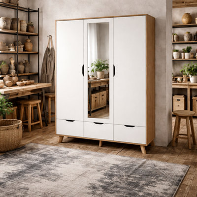 Wyld Haus Lira Jackson 3-Door Wardrobe With MirrorHickory Oak And White2 Drawers