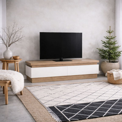 B&Q -  Hjorring Tv Cabinet White Gloss With Natural Oak 2 Drawer