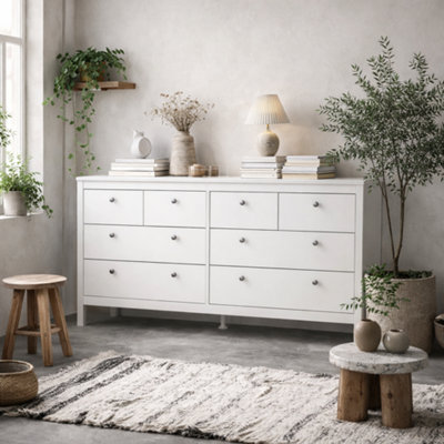 Wyld Haus Gossmere White 8-Drawer Wide Wooden Dresser With Silver Handles from B&Q