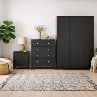 Wyld Haus Gossmere Matt Black Bedroom SetBedside TableChest Of Drawers And 3-Door Wardrobe from B&Q