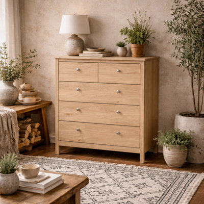 Wyld Haus Gossmere Hickory Oak Effect 5-Drawer Tall Chest Matt Finish Natural from B&Q