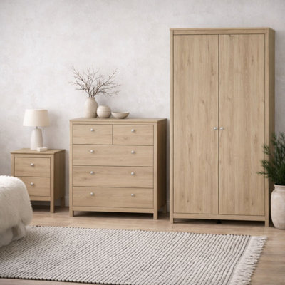 B&Q -  Gossmere 3-Piece Bedroom Set Hickory Oak Effect Bedside Table Chest Of Drawers Wardrobe