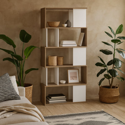 Wyld Haus Taichung 5-Shelf Hickory Effect And White Asymmetrical Bookcase from B&Q