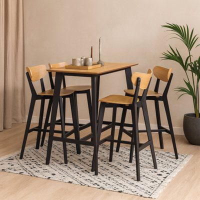 Wyld Haus Krakow Bar Dining Set Natural Oak Effect And Black Rectangular Table + 4 Bar Stools from B&Q