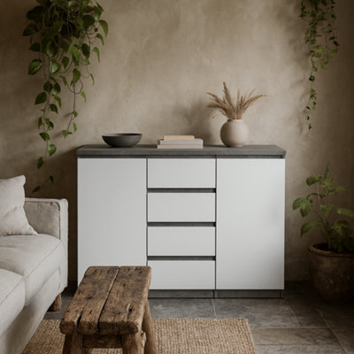 Wyld Haus Budapest Concrete-Effect Sideboard In White Gloss 4 Drawers 2 Doors from B&Q