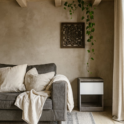 Wyld Haus Budapest Bedside Table Concrete-Effect & White Gloss1 Drawer 1 ShelfL 40.4 X D 40 X H 49.5 Cm from B&Q